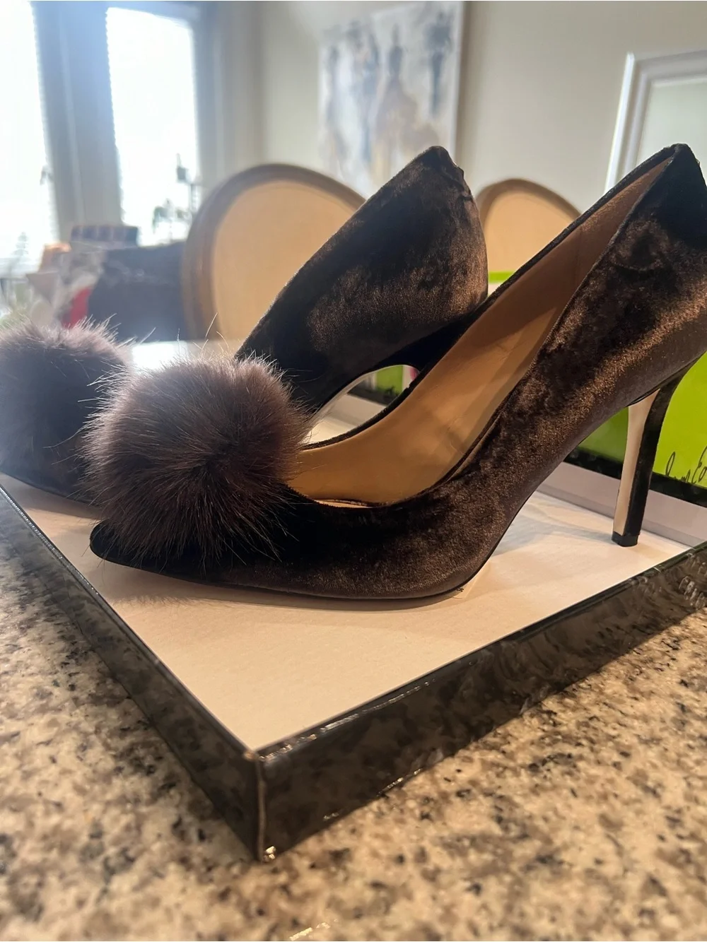Sam Edelman Dark Brown Velvet Pom-Pom Pointed Toe Heels